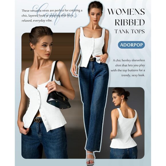 Adorpop Womens White Ribbed Sleeveless Blouses Button Down Henley Shirts - Picture 5 of 5